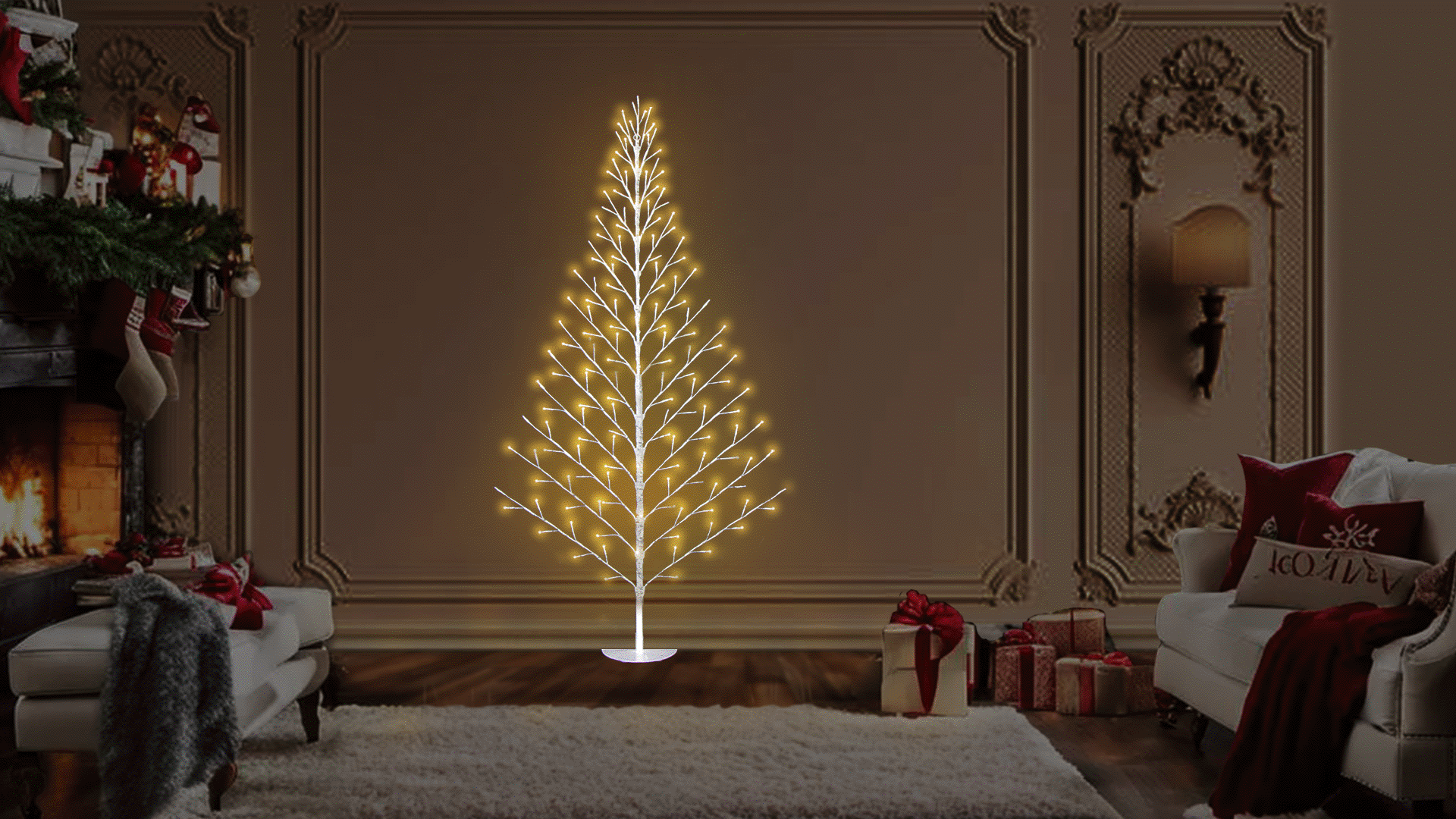 Birch Wall Tree with Twinkling Warm White LED Lights